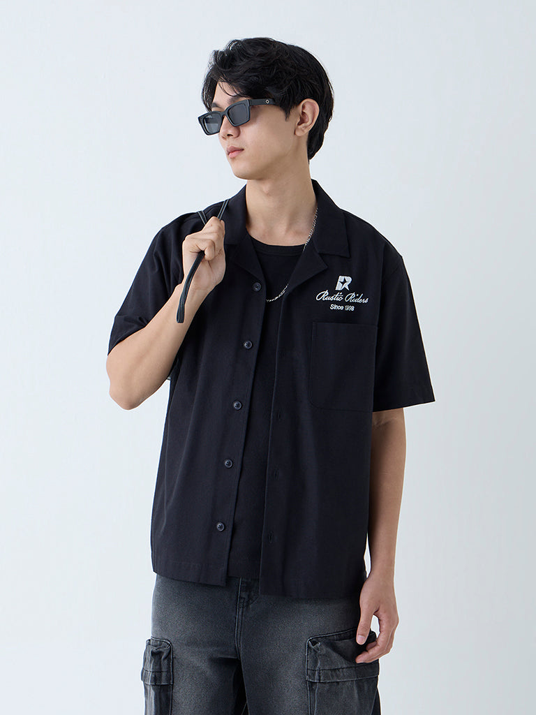Nuon Black Text Design Relaxed-Fit Cotton Shirt