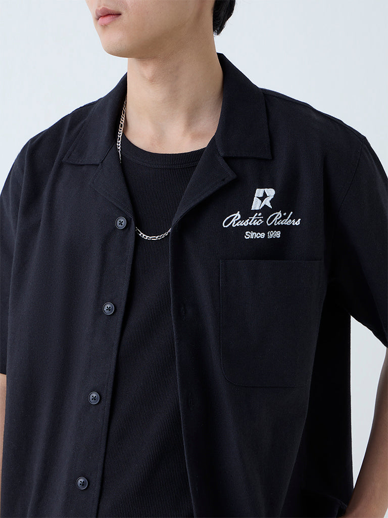 Nuon Black Text Design Relaxed-Fit Cotton Shirt