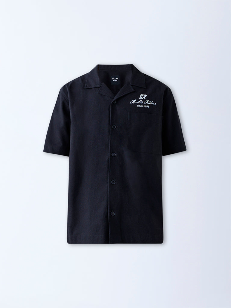 Nuon Black Text Design Relaxed-Fit Cotton Shirt