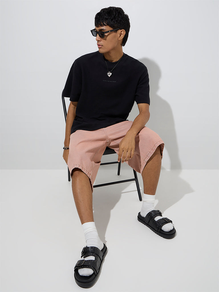 Westside Nuon Men's Black Text Detailed Relaxed-Fit Cotton T-Shirt for Casual Wear Full View