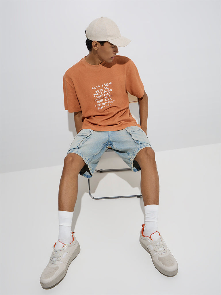 Westside Nuon Men's Orange Text Pattern Relaxed-Fit Cotton T-Shirt for Casual Wear Full View