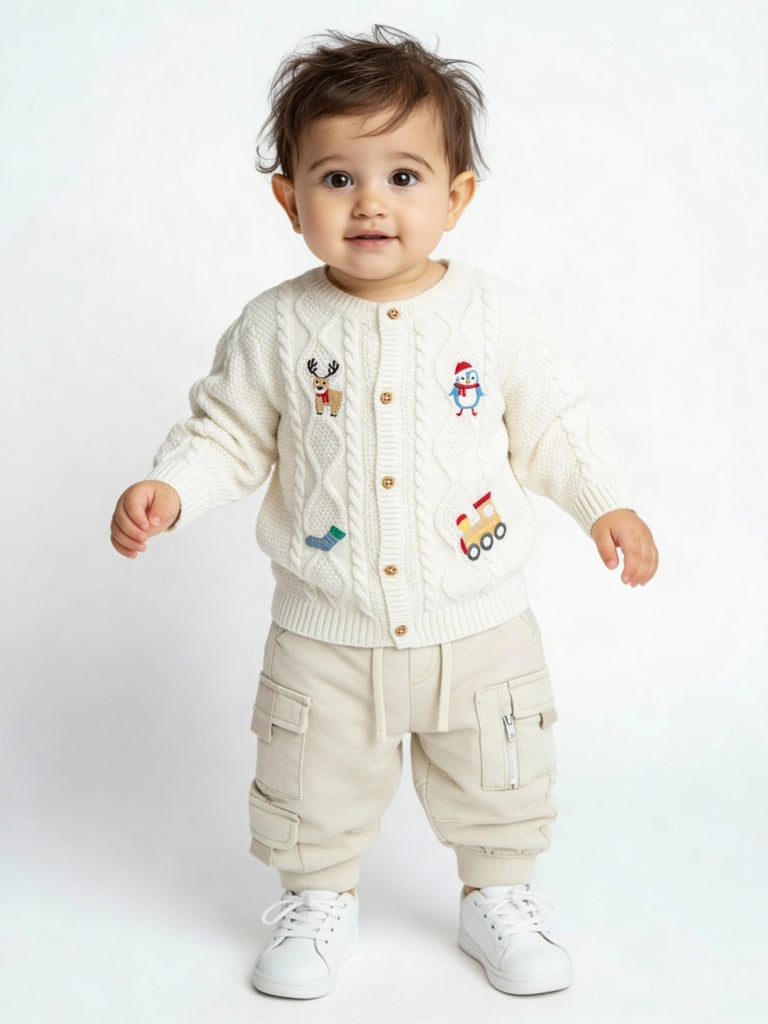 HOP Baby Boys Off-White Knit-Textured Cardigan