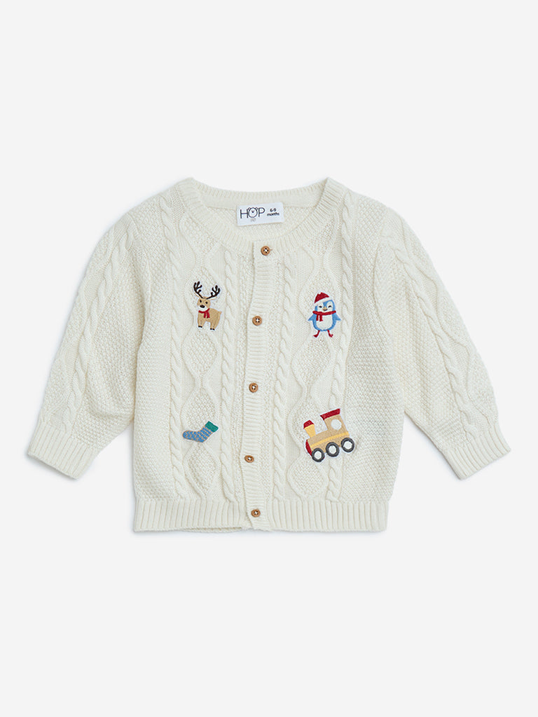 HOP Baby Boys Off-White Knit-Textured Cardigan
