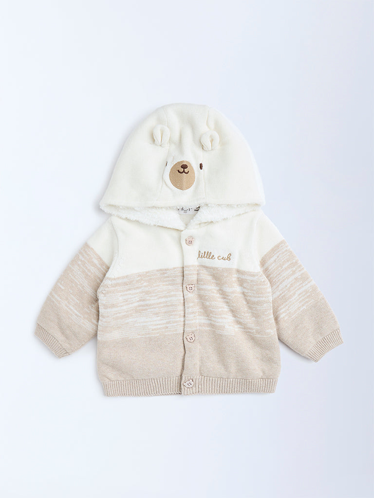 HOP Baby Beige Animal Design Hooded Cotton Sweater