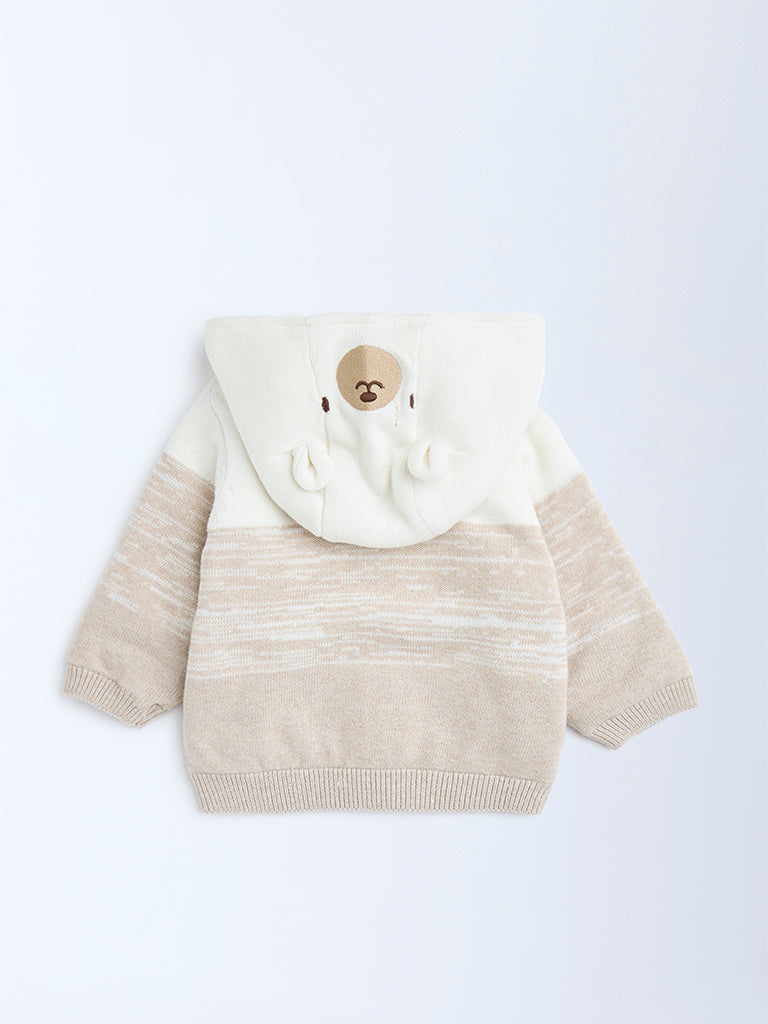 HOP Baby Beige Animal Design Hooded Cotton Sweater