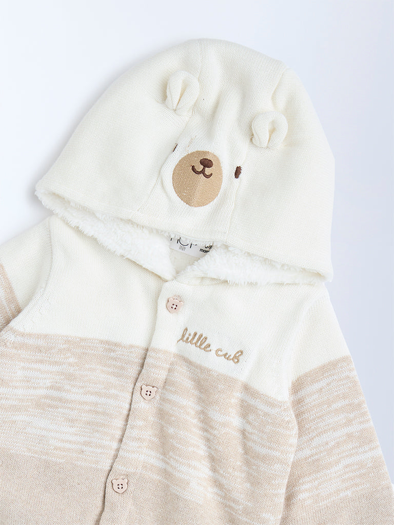 HOP Baby Beige Animal Design Hooded Cotton Sweater