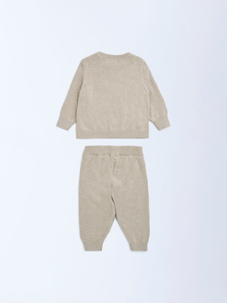 HOP Baby Beige Animal Design Cotton Sweater and Joggers Set