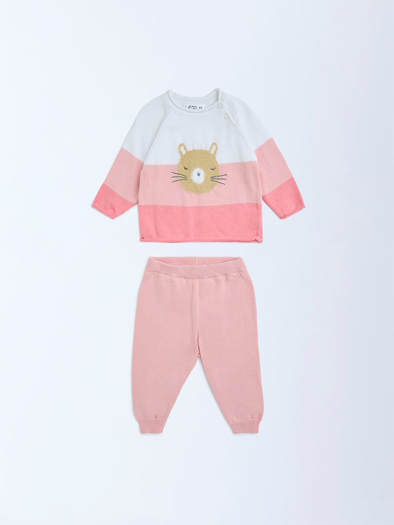 HOP Baby Pink Animal Design Cotton Sweater and Joggers Set