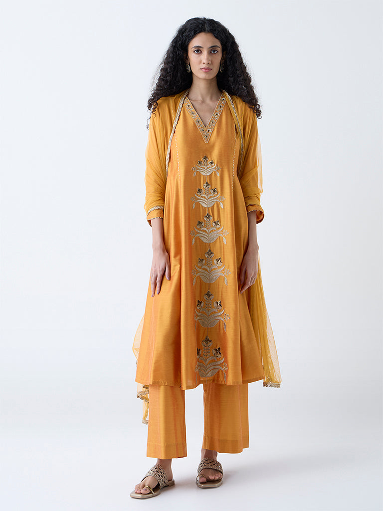 Westside Vark Women's Yellow Embroidered Anarkali Ethnic Set for Festive Wear Front View