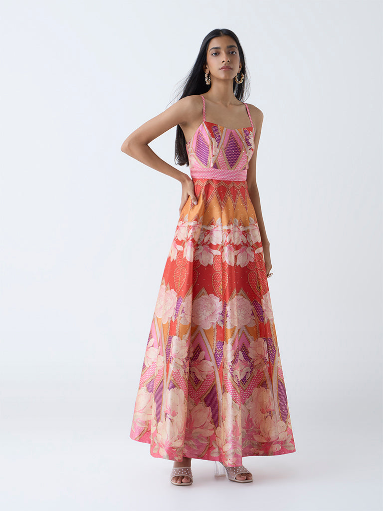 Westside Vark Women's Multicolour Floral Detailed Fit-and-Flare Dress for Festive Wear Full View