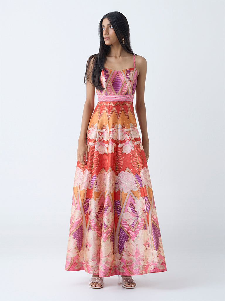 Westside Vark Women's Multicolour Floral Detailed Fit-and-Flare Dress for Festive Wear Front View