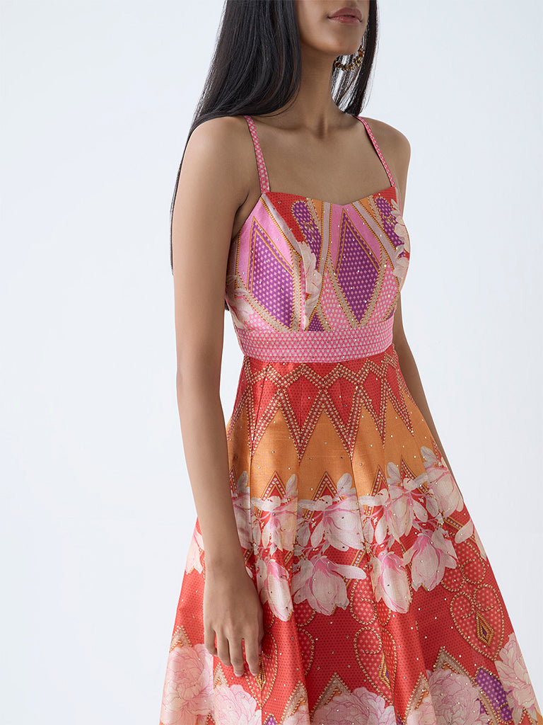 Westside Vark Women's Multicolour Floral Detailed Fit-and-Flare Dress for Festive Wear Zoomed View