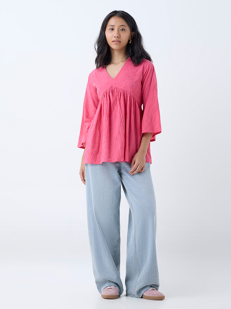 Westside Utsa Women's Fuchsia Floral Embroidered Cotton Tunic for Work Wear Front View