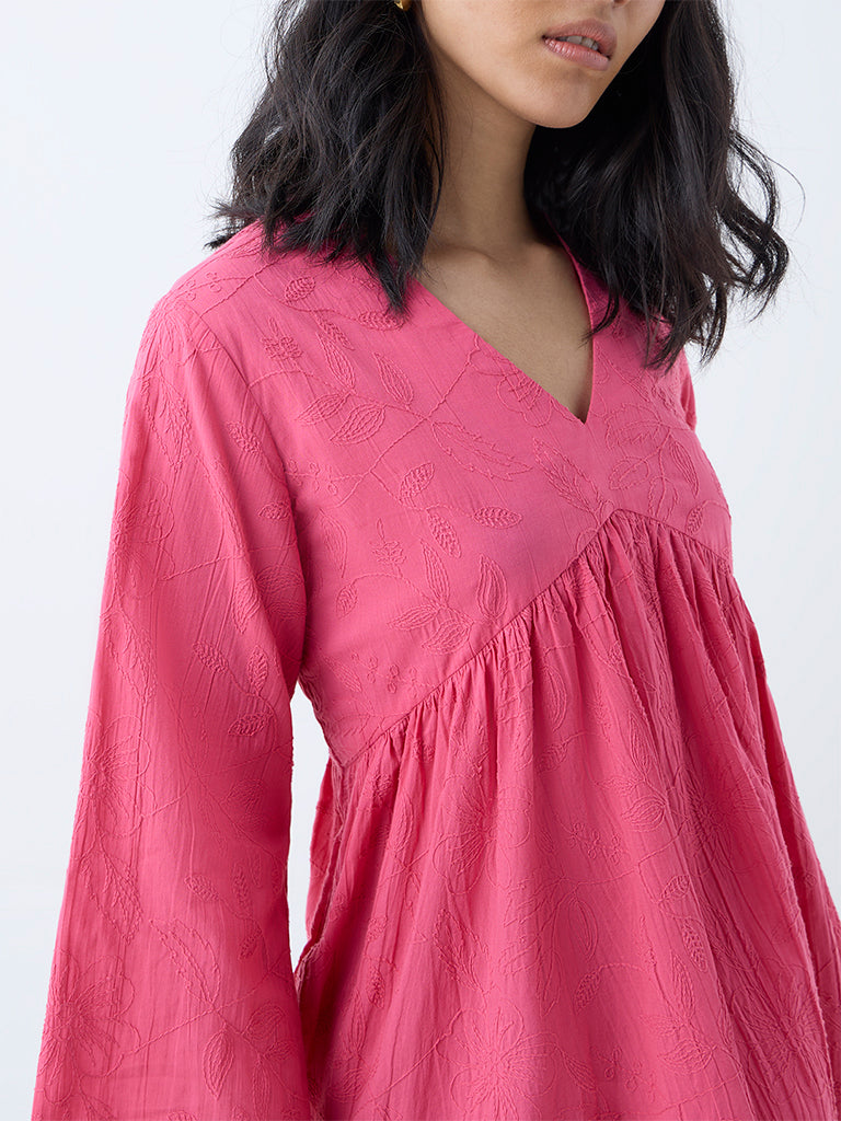 Westside Utsa Women's Fuchsia Floral Embroidered Cotton Tunic for Work Wear Zoomed View