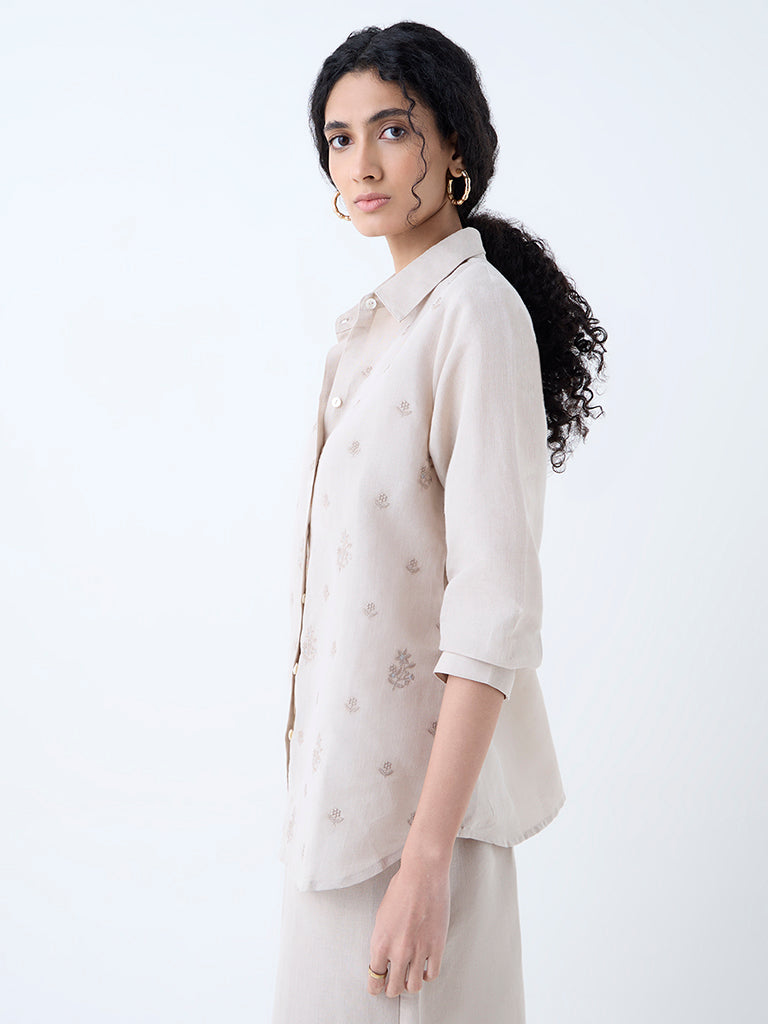 Buy Zuba Taupe Floral Embroidered Linen-Blend Ethnic Tunic