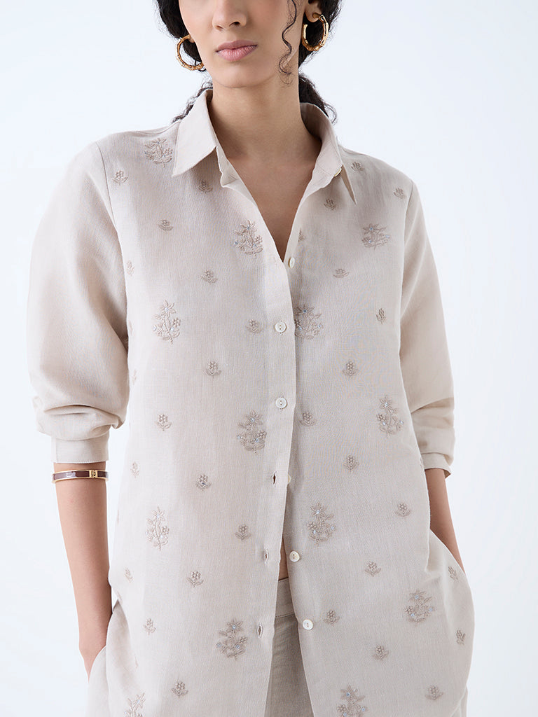Buy Zuba Taupe Floral Embroidered Linen-Blend Ethnic Tunic