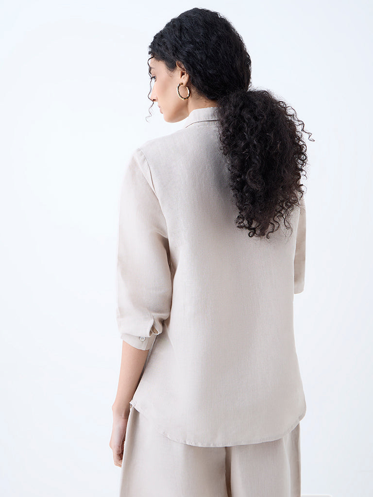 Westside Zuba Women's Taupe Floral Embroidered Linen-Blend Ethnic Tunic for Work Wear Back View