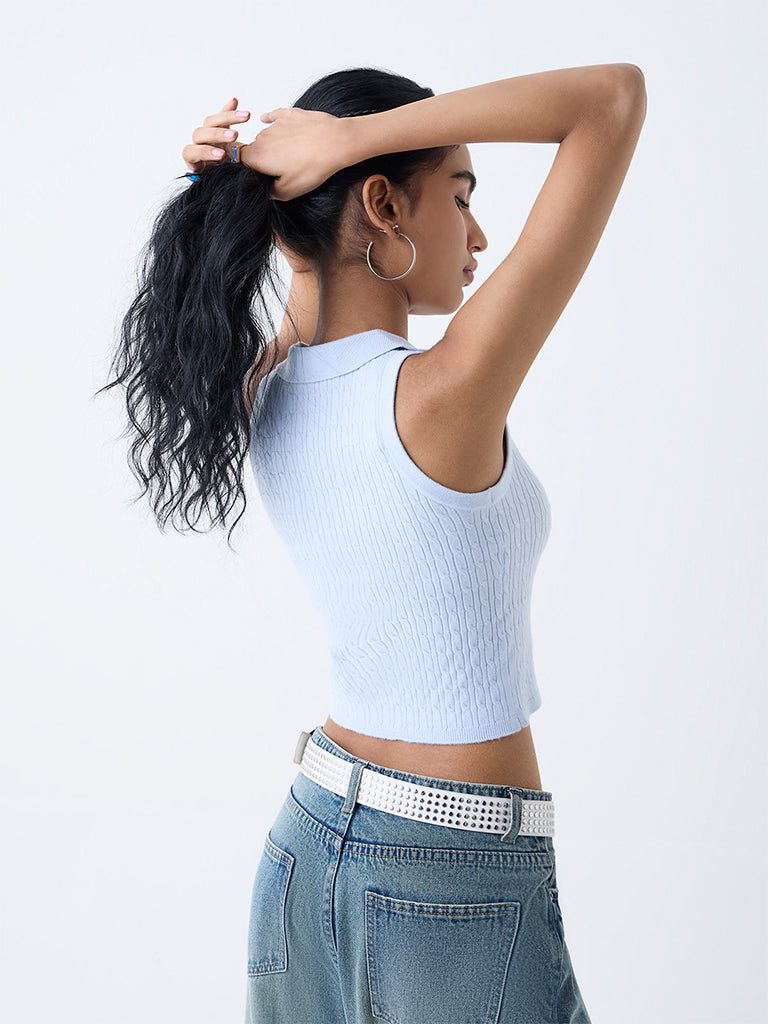 Westside Nuon Women's Light Blue Cable-Knitted Top for Casual Wear Back View