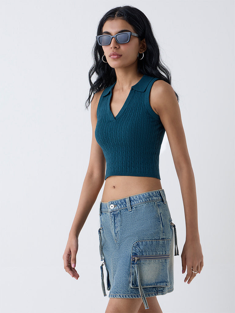 Westside Nuon Women's Dark Teal Cable-Knitted Top for Casual Wear Front view