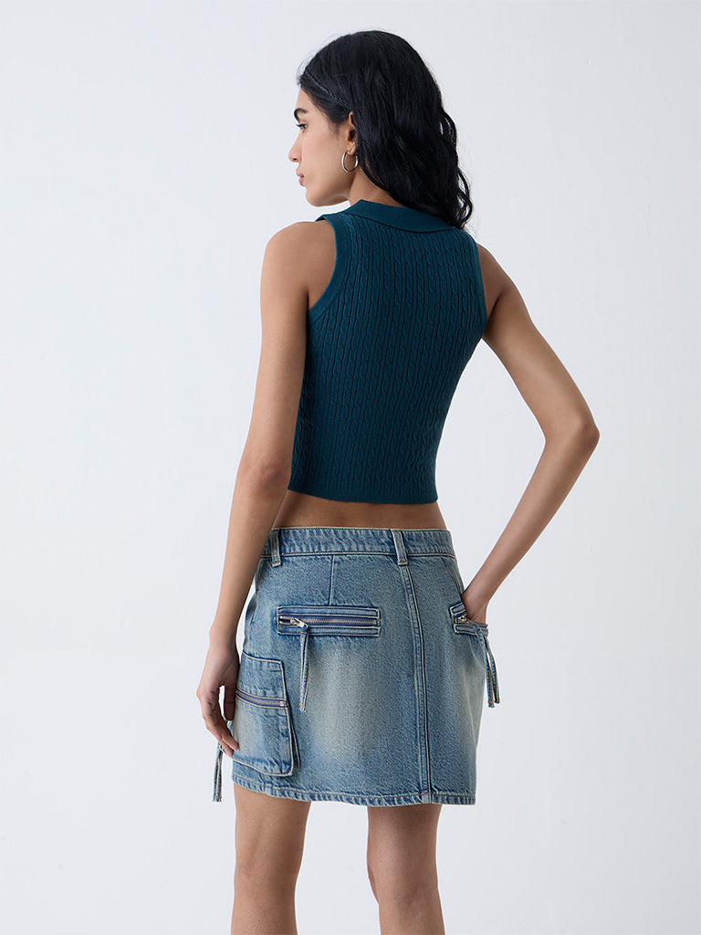 Westside Nuon Women's Dark Teal Cable-Knitted Top for Casual Wear Back View