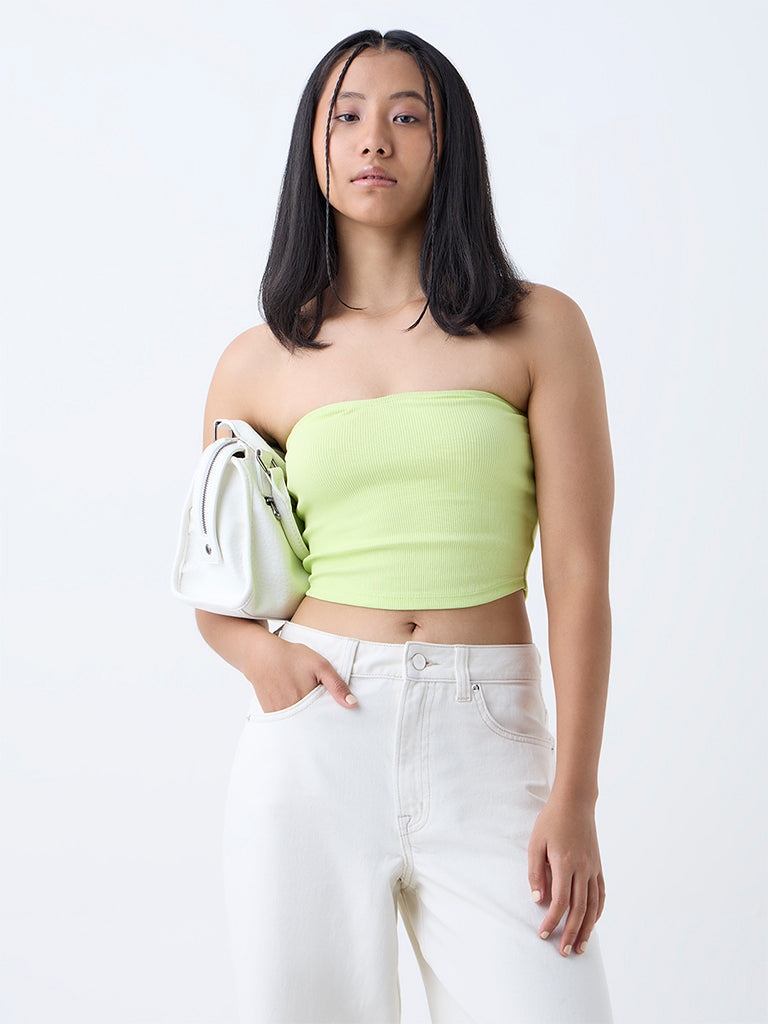 Westside Nuon Women's Lime Ribbed Cotton-Blend Tube Top for Casual Wear Front view