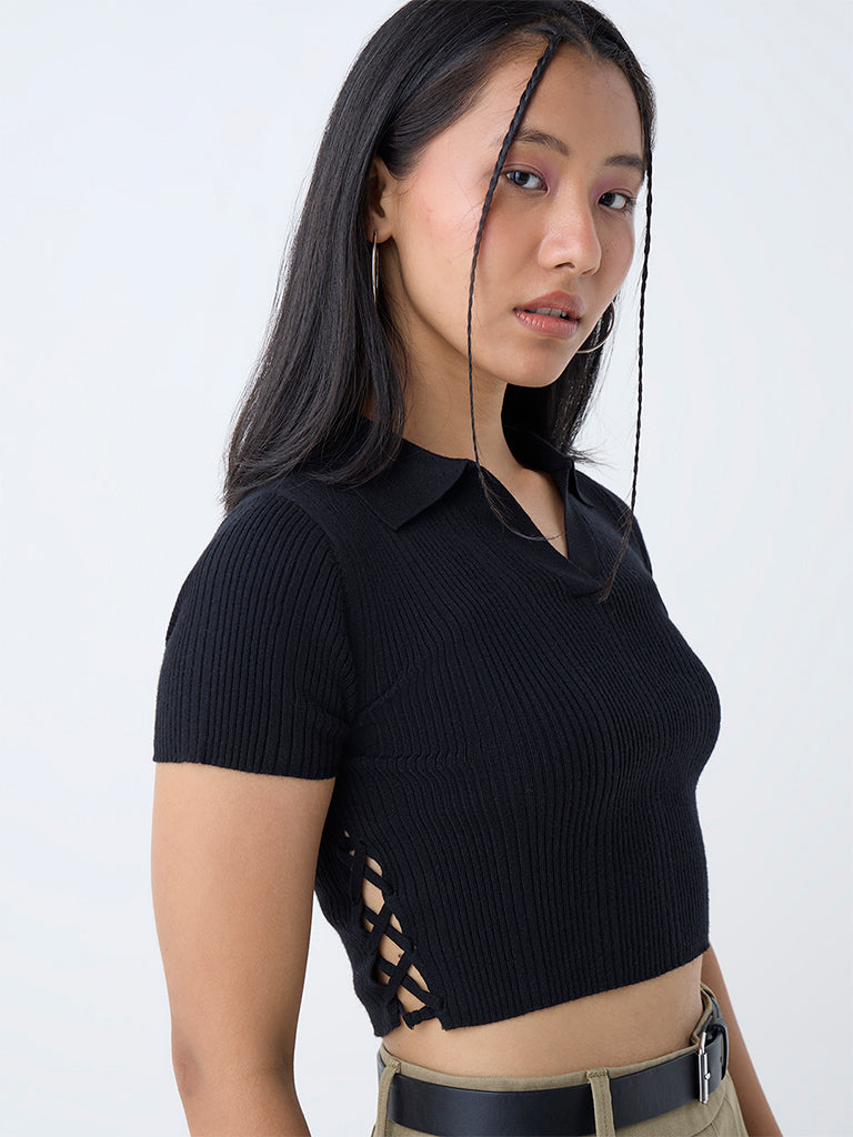 Buy Nuon Black Criss-Cross-Detailed Ribbed T-Shirt from Westside