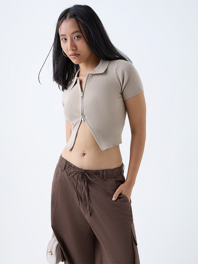 Westside Nuon Women's Beige Ribbed-Textured T-Shirt for Casual Wear Front view
