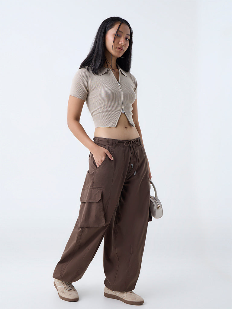 Westside Nuon Women's Beige Ribbed-Textured T-Shirt for Casual Wear Full View