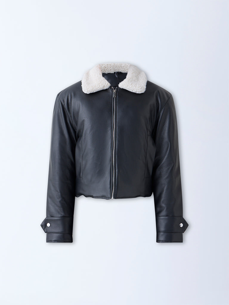 LOV Black Faux Leather Bomber Jacket