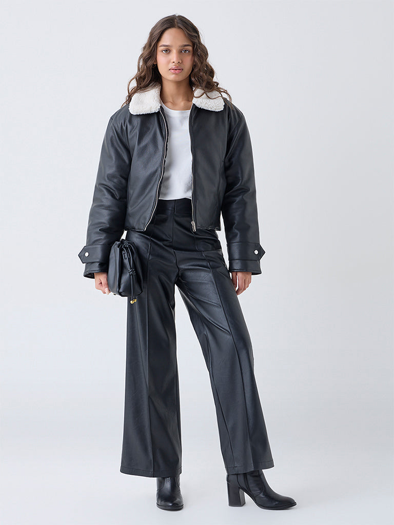 LOV Black Faux Leather Bomber Jacket