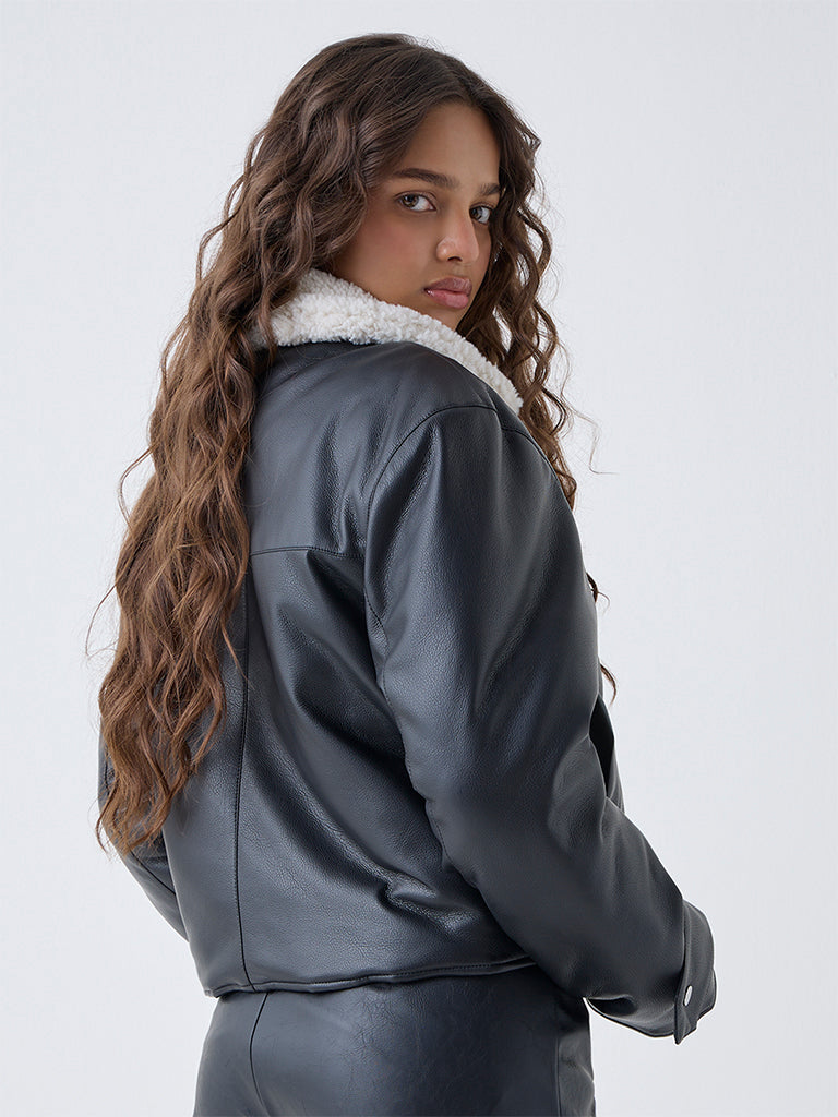 LOV Black Faux Leather Bomber Jacket