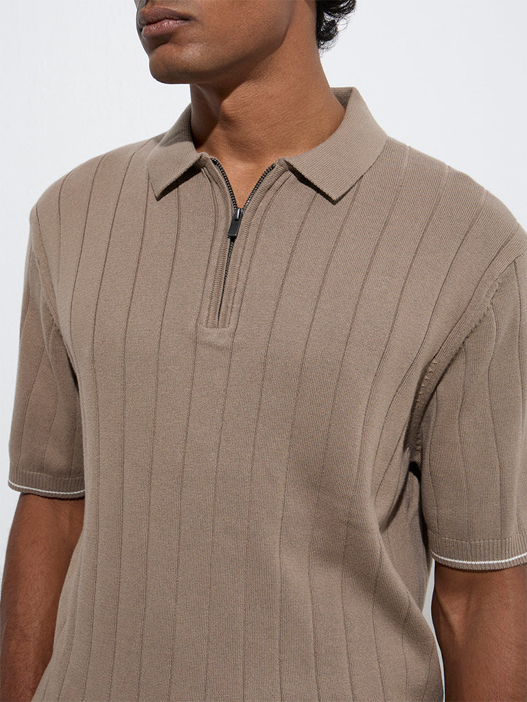Westside Ascot Men's Taupe Relaxed-Fit Cotton-Blend Quarter-Zip Polo T-Shirt for Casual Wear Zoom View