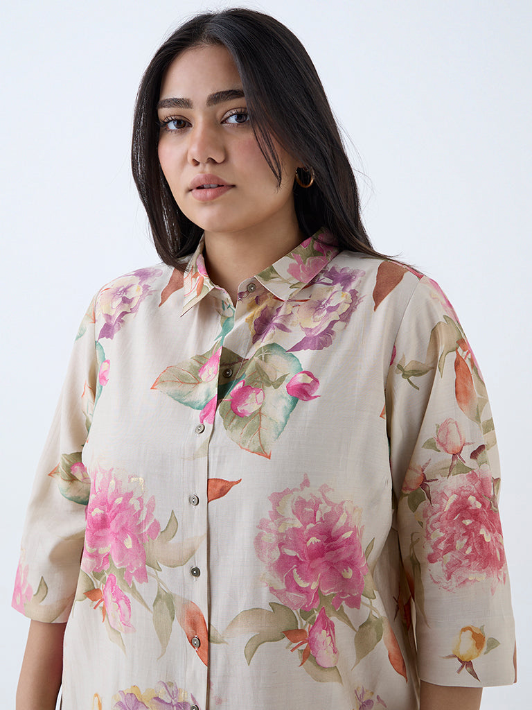 Westside Diza Women's Beige Floral Pattern Ethnic Tunic for Work Wear Zoomed View