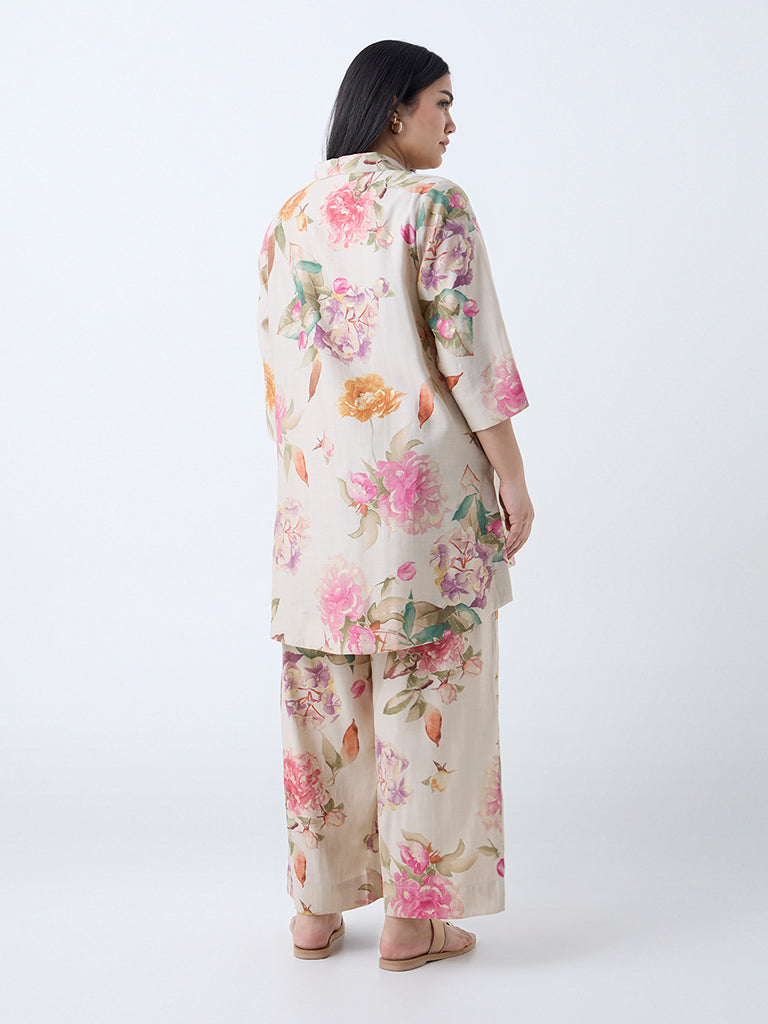 Westside Diza Women's Beige Floral Pattern Ethnic Tunic for Work Wear Back View