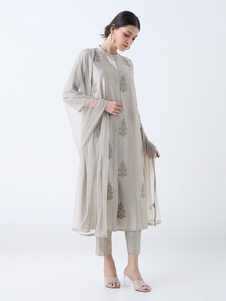Westside Vark Women's Silver Embroidered A-Line Ethnic Set for Festive Wear Full View