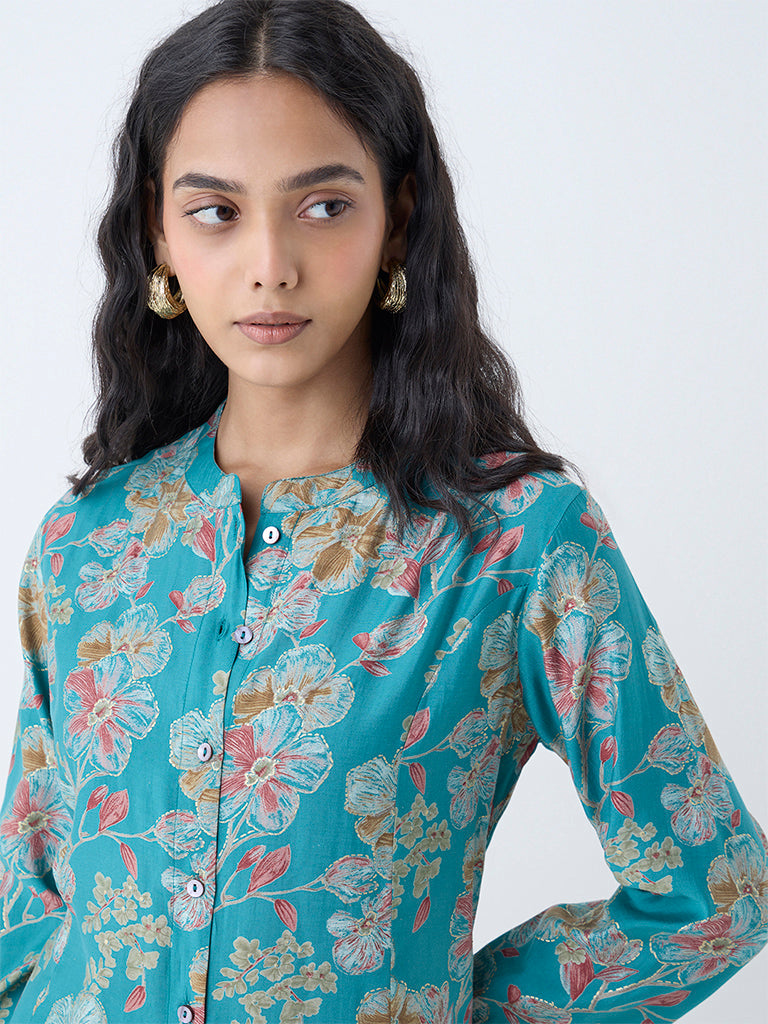 Utsa Teal Floral Detailed A-Line Kurta