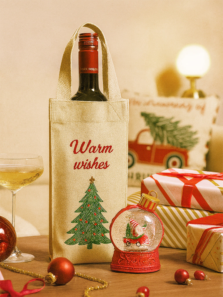 Westside Home Beige Christmas-Themed Wine Bag