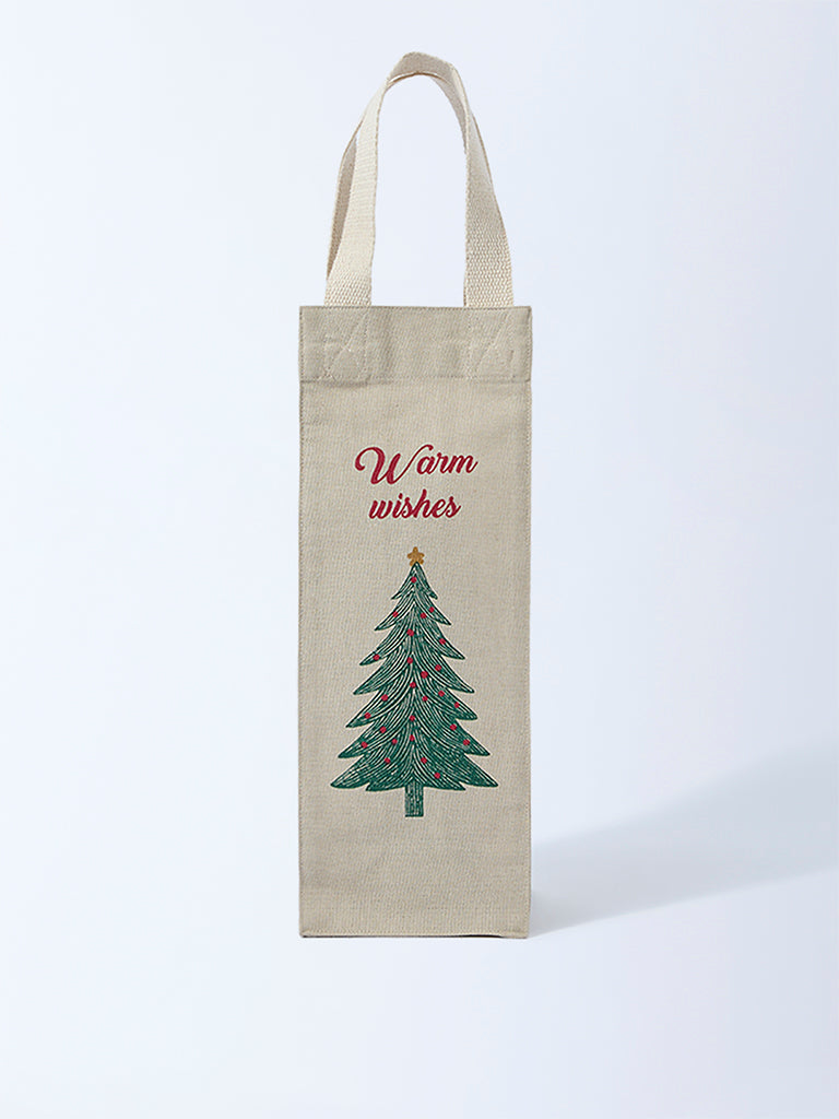 Westside Home Beige Christmas-Themed Wine Bag