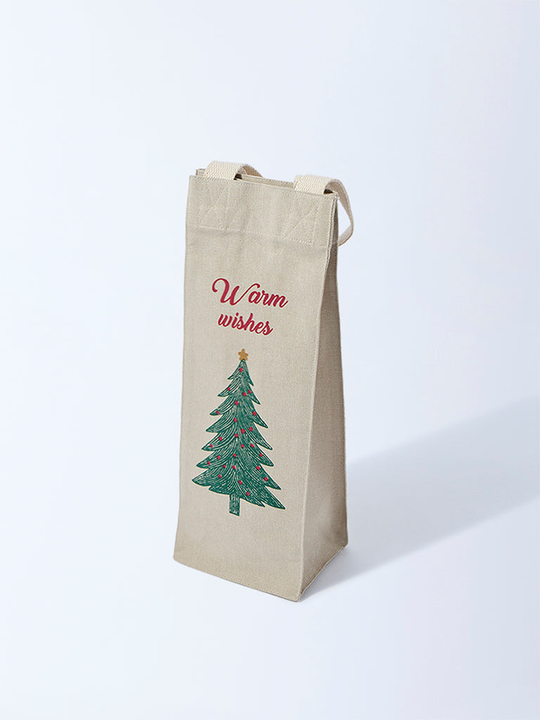 Westside Home Beige Christmas-Themed Wine Bag