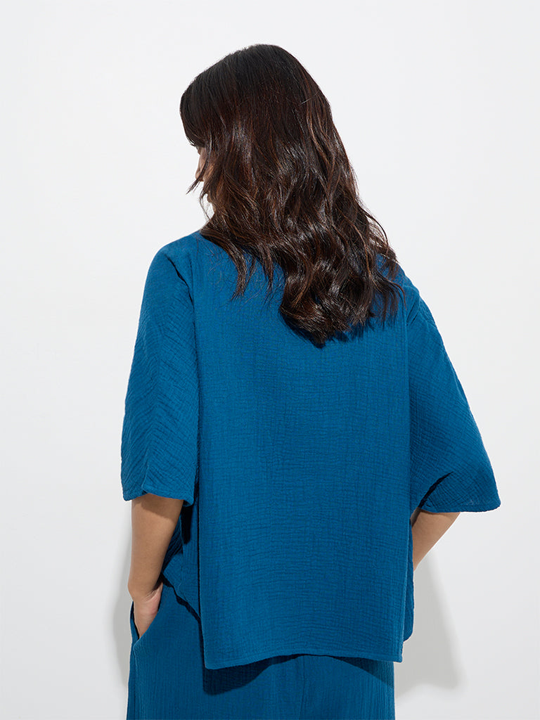 Westside Wunderlove Women's Blue Crinkle-Textured Cotton Beach Shirt for Beachwear Back View
