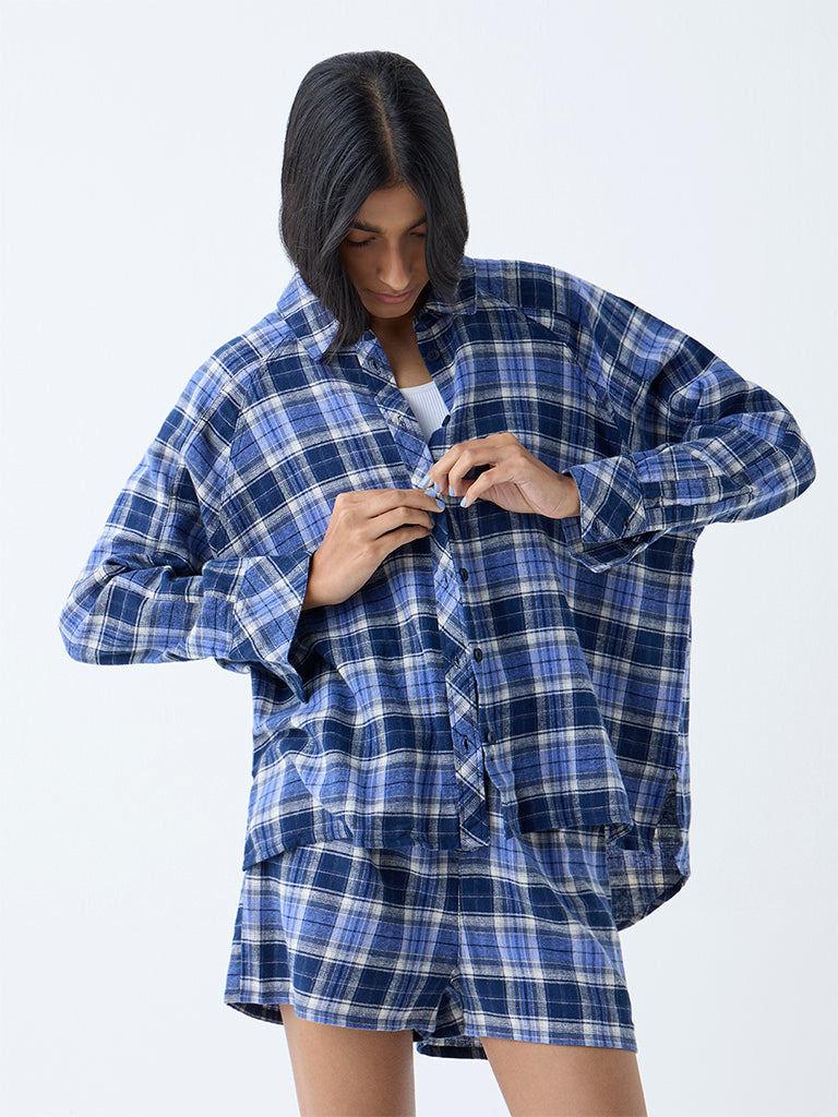 Superstar Blue Checks Design Cotton Oversized Shirt
