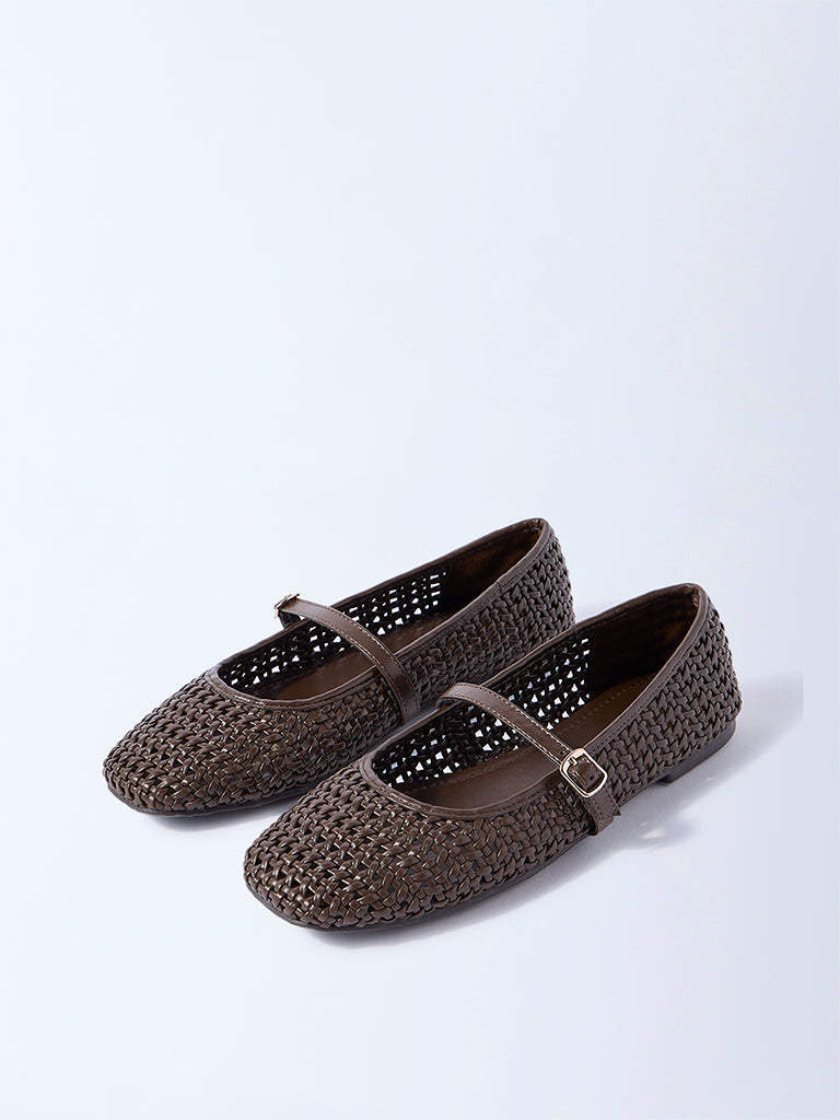 LUNA BLU Dark Brown Woven-Textured Mary Jane Shoes