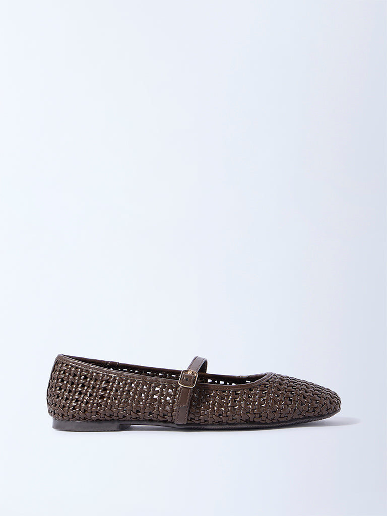 LUNA BLU Dark Brown Woven-Textured Mary Jane Shoes