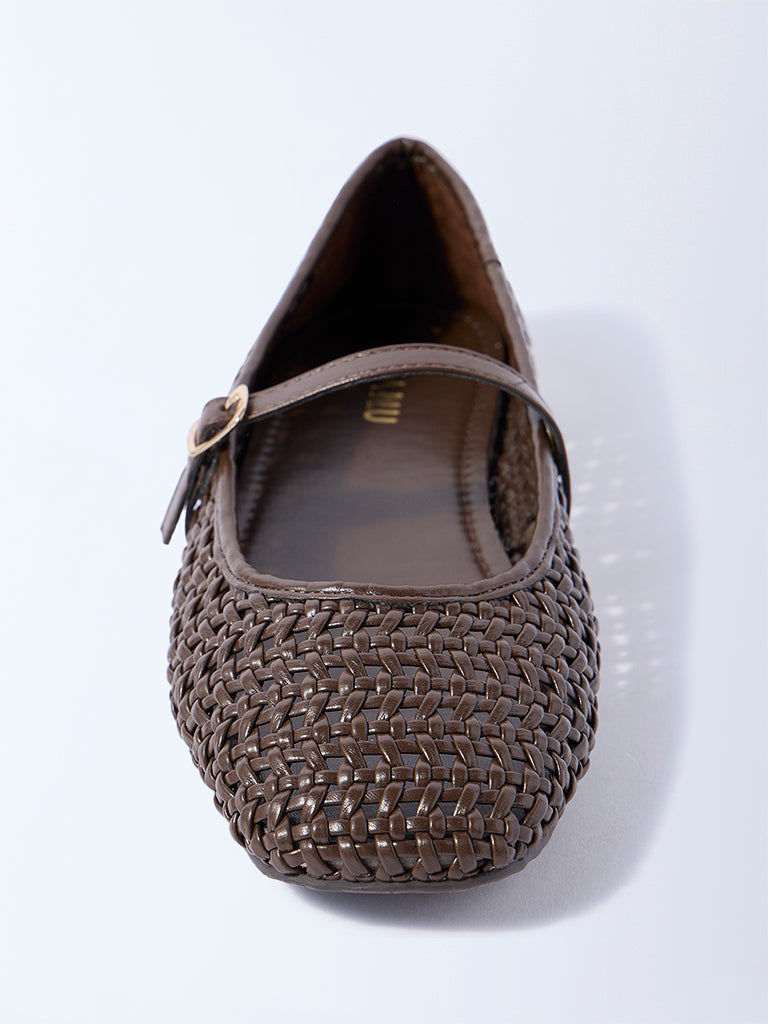 LUNA BLU Dark Brown Woven-Textured Mary Jane Shoes