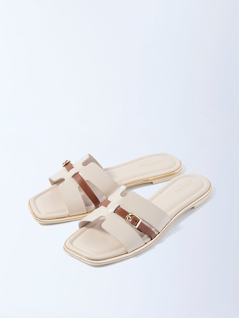 LUNA BLU Ivory Buckle-Detailed Slides
