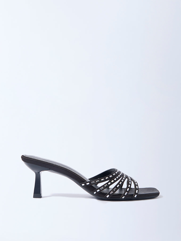 LUNA BLU Black Diamante Embellished Kitten-Heel Sandals