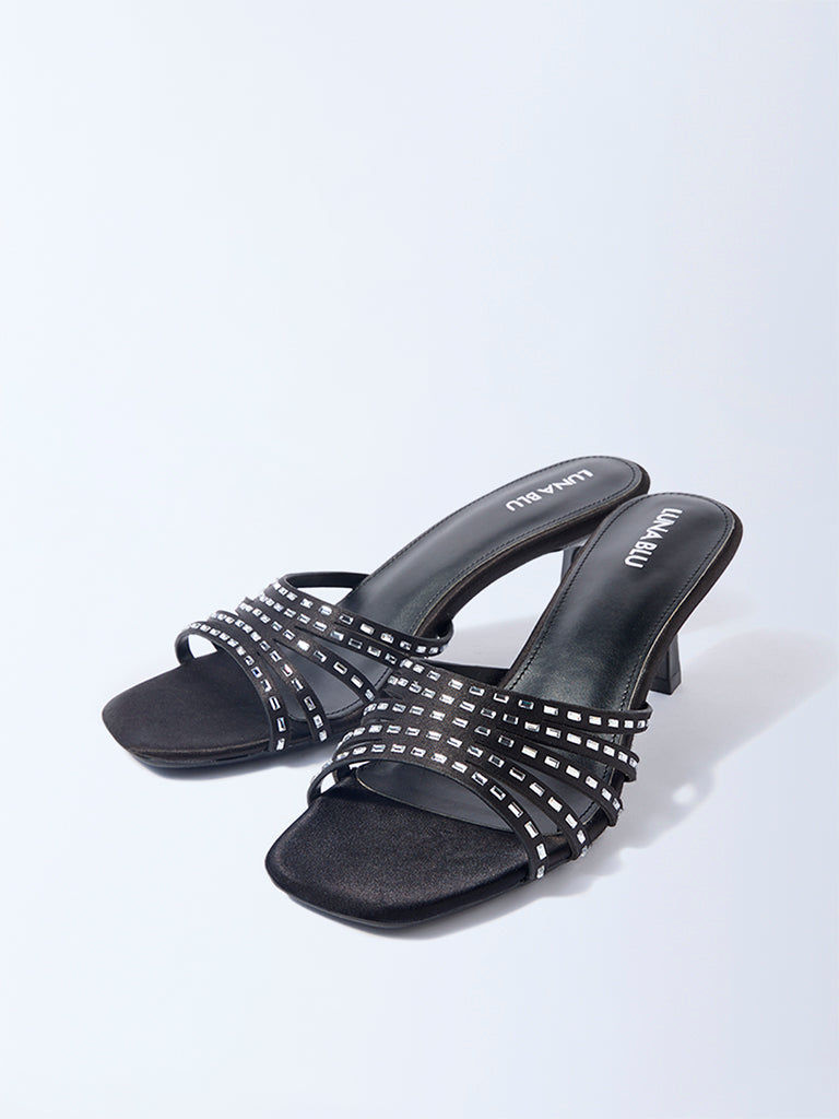 LUNA BLU Black Diamante Embellished Kitten-Heel Sandals