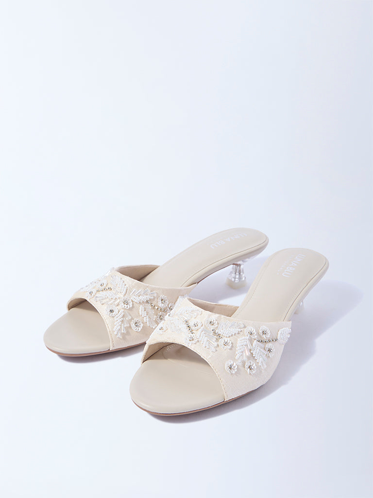 LUNA BLU Ivory Embellished Slip-On Sandals