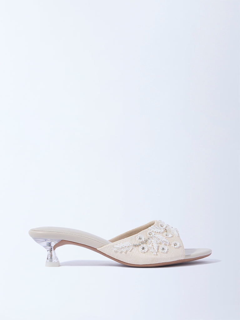 LUNA BLU Ivory Embellished Slip-On Sandals