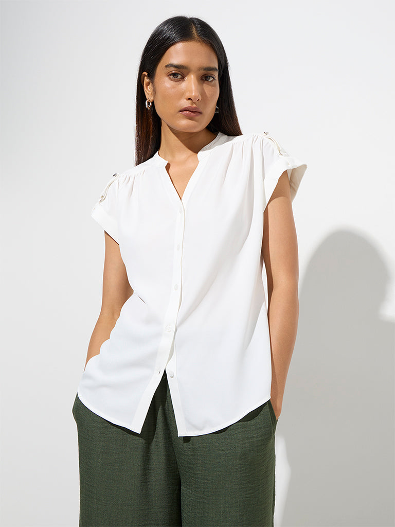 Westside Wardrobe Women's White Solid Shirt for Work Wear Front View